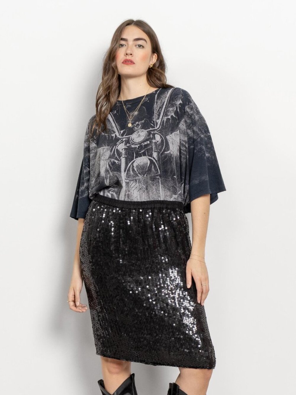 BLACK SEQUIN Skirt Vintage Midi Beaded Black / Inch Waist / Medium